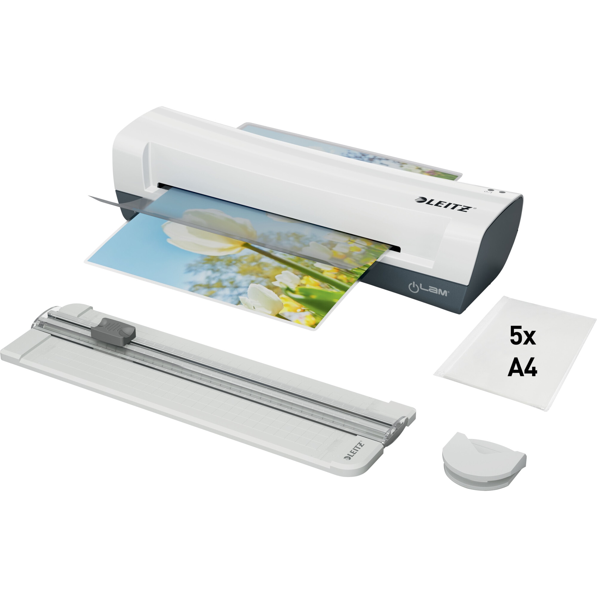Set crafting Leitz, 4 in 1, include laminator Leitz iLAM Home A4, trimmer, rotunjitor, 5 folii laminare A4, alb