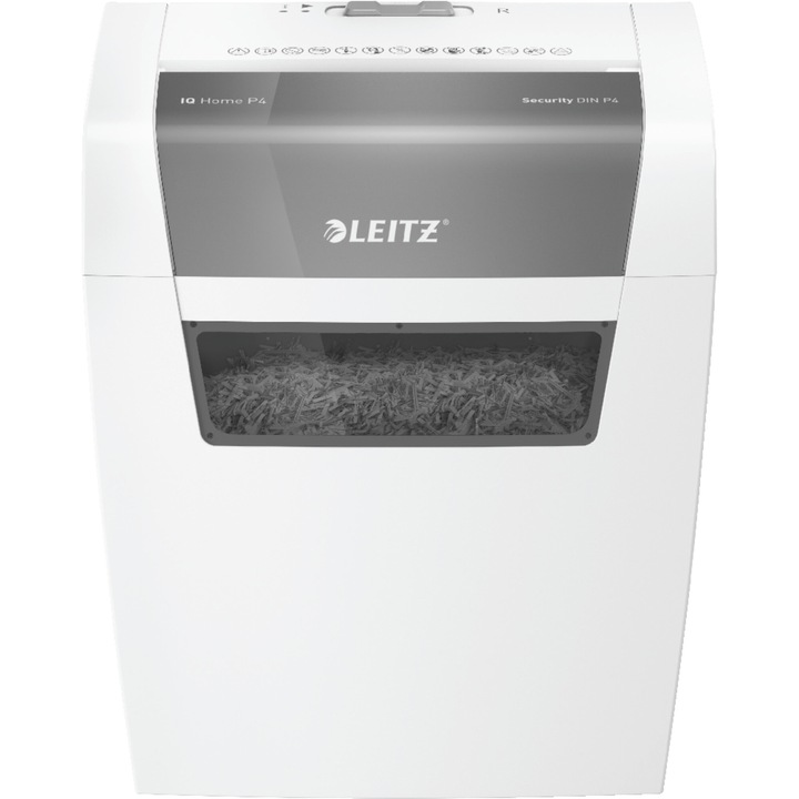 Distrugator documente manual Leitz IQ Home, P4, cross-cut (confeti), 6 coli, cos 15l, alb