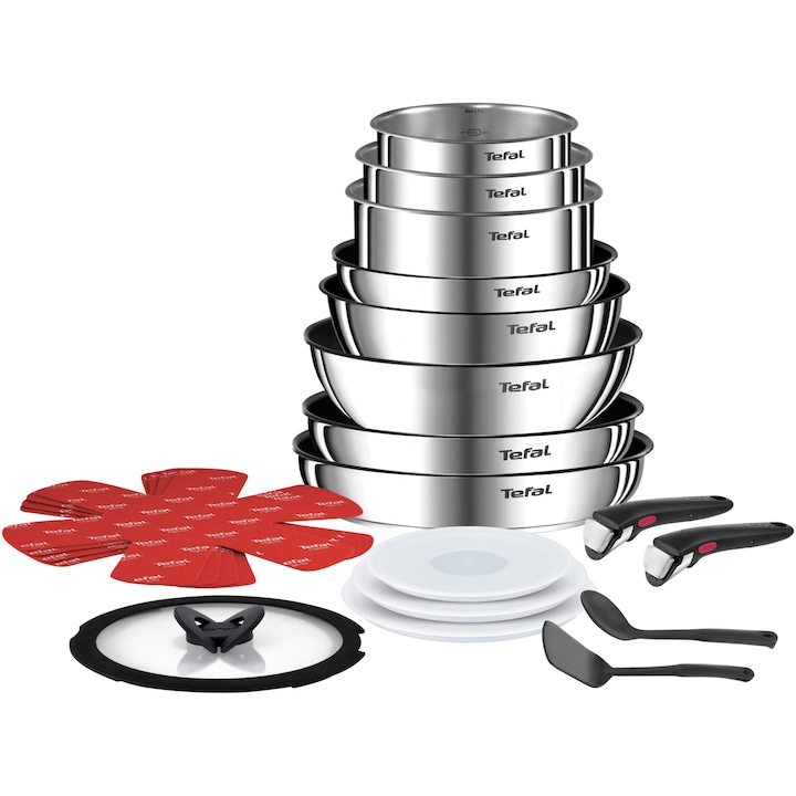 Комплект 20 части Tefal Ingenio Emotion, Тенджери 16/18/20 см, Тигани 22/24/26/28 см, Уок 26 см, 2 дръжки, 2 прибора, 3 херметични капака 16/18/20 см, Стъклен капак 24 см, 4 защити, Индукция, Inox, Сребрист