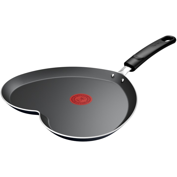 Тиган за палачинки Tefal Pancake Day, Сърцевиден, Алуминий, Незалепващо покритие, Индикатор Thermo-Signal, 25 см, Червен/Черен