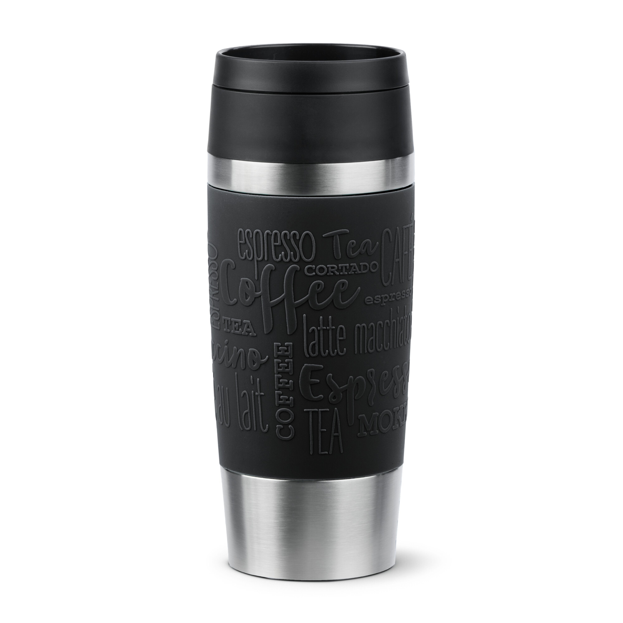 Termos calatorie Tefal Travel Mug Classic, inox, fara BPA, 100% etans, functie Quick Press, 0.36 L, argintiu/negru