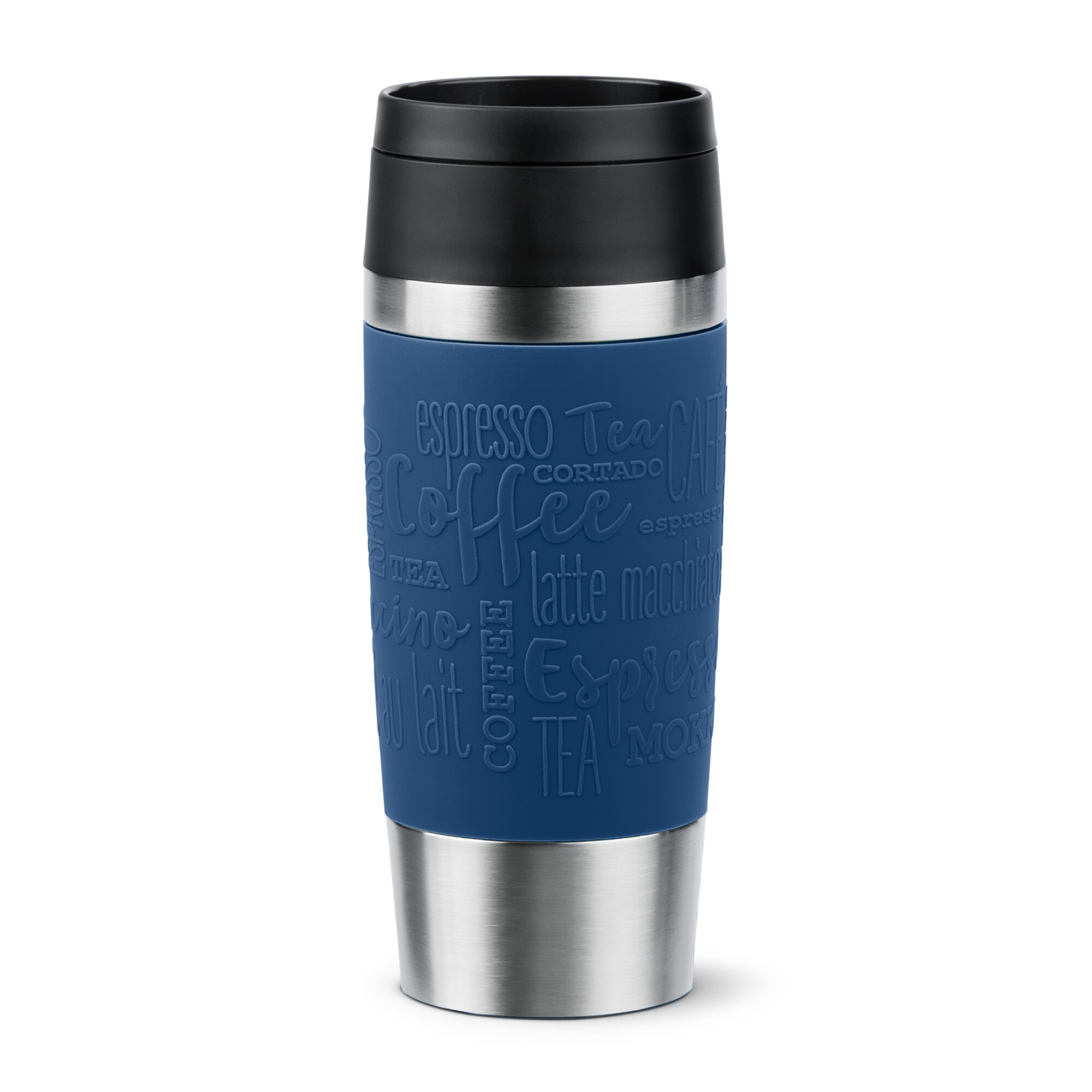 Termos calatorie Tefal Travel Mug Classic, inox, fara BPA, 100% etans, functie Quick Press, 0.36 L, argintiu/albastru inchis