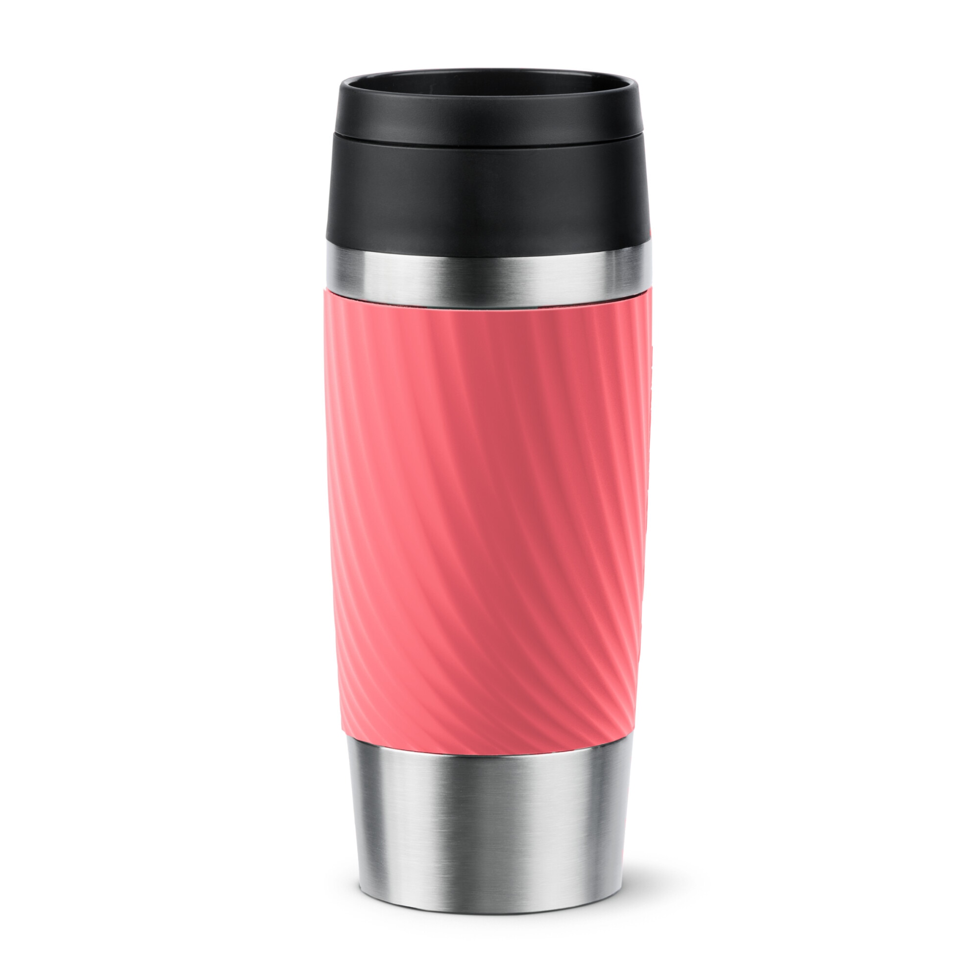 Termos calatorie Tefal Travel Mug Classic, inox, fara BPA, 100% etans, functie Quick Press, 0.36 L, argintiu/roz