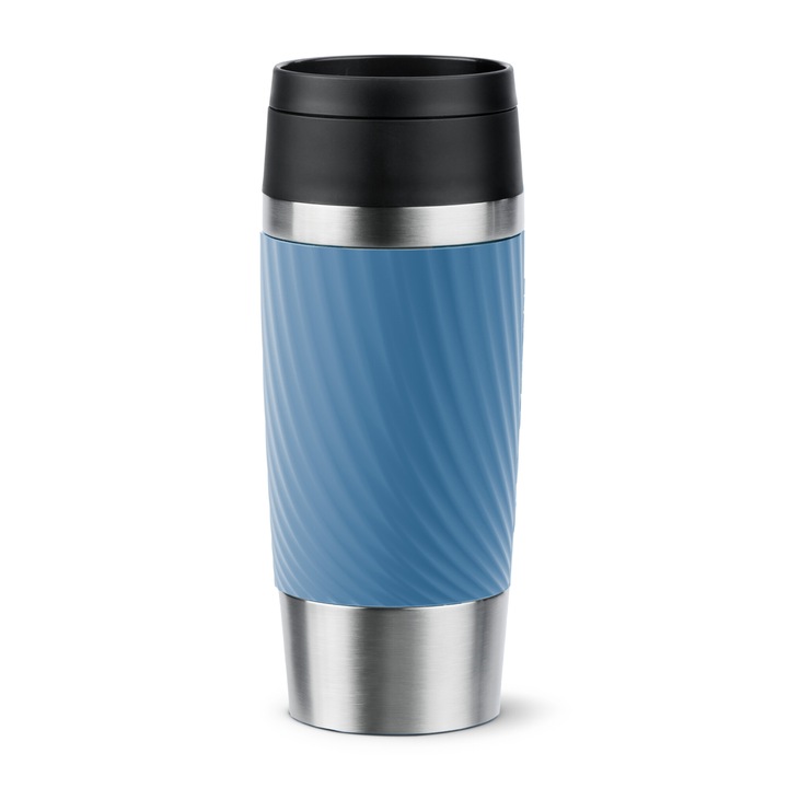 Termos calatorie Tefal Travel Mug Classic, inox, fara BPA, 100% etans, functie Quick Press, 0.36 L, argintiu/albastru