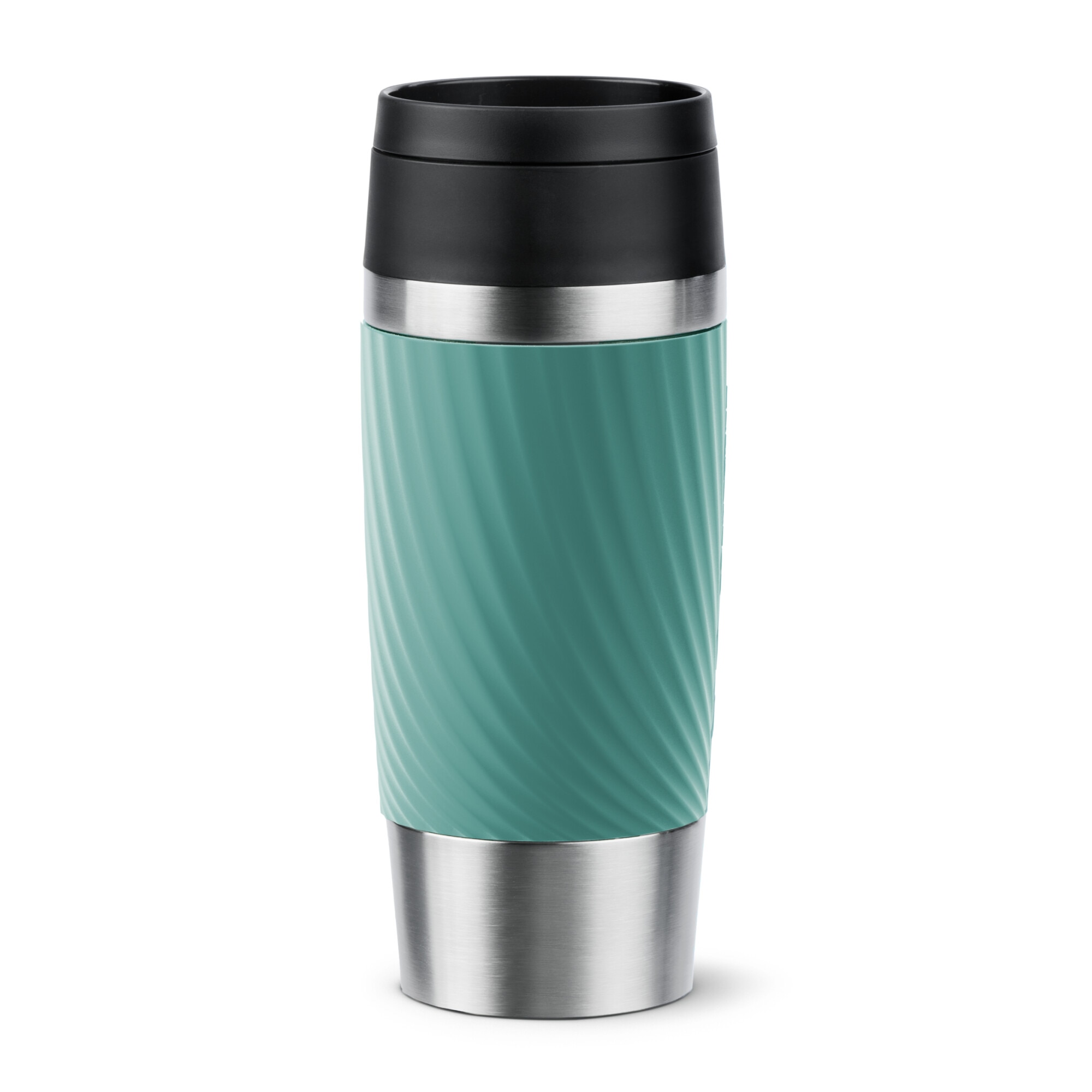 Termos calatorie Tefal Travel Mug Classic, inox, fara BPA, 100% etans, functie Quick Press, 0.36 L, argintiu/verde