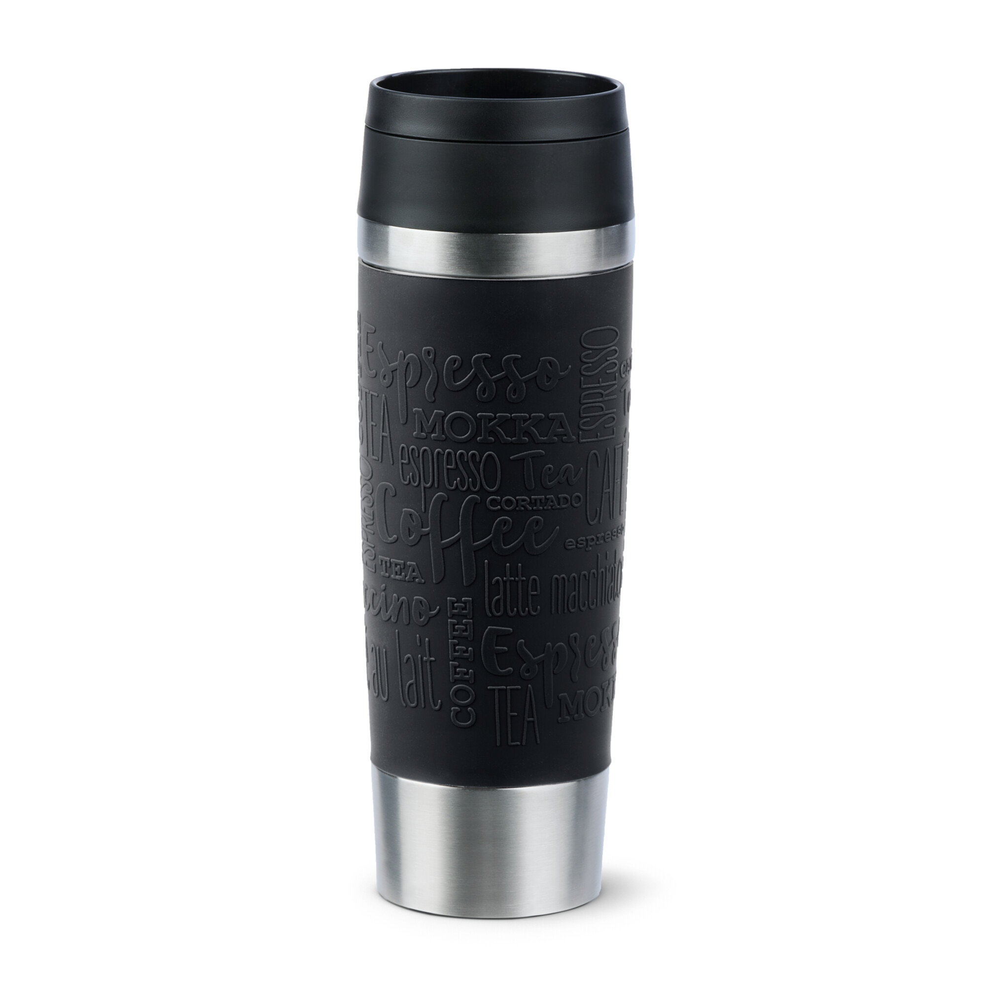 Termos calatorie Tefal Travel Mug Classic, inox, fara BPA, 100% etans, functie Quick Press, 0.5 L, argintiu/negru