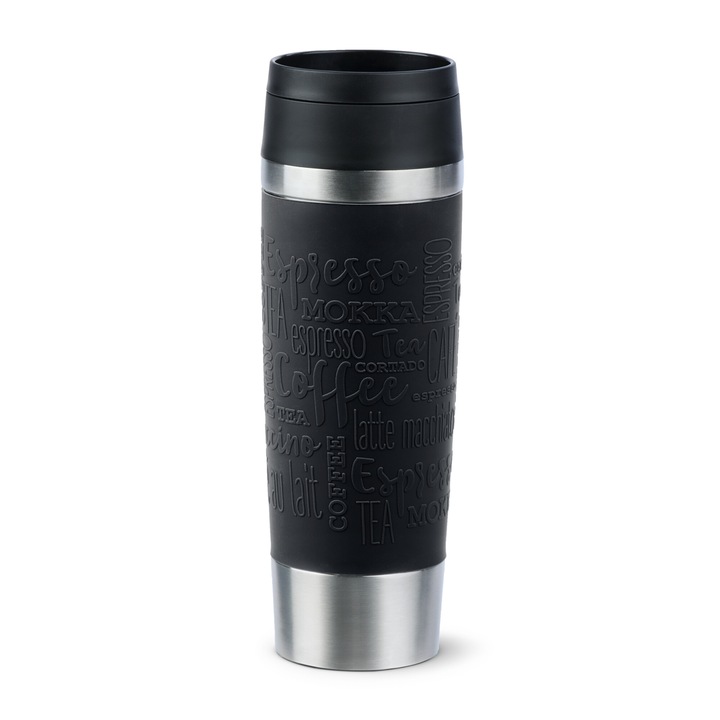 Termos calatorie Tefal Travel Mug Classic, inox, fara BPA, 100% etans, functie Quick Press, 0.5 L, argintiu/negru
