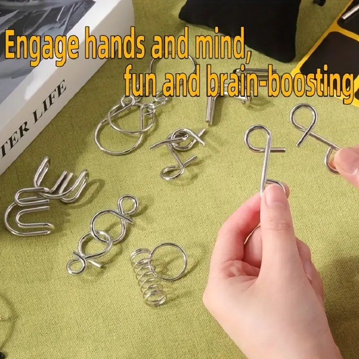 Jocuri de Inteligenta, Set Puzzle Metalic Active Minds – 24 Jocuri Logice, Educative, Design Rezistent, Perfect pentru Minti Creative, Test IQ, Galben&Albastru&Rosu