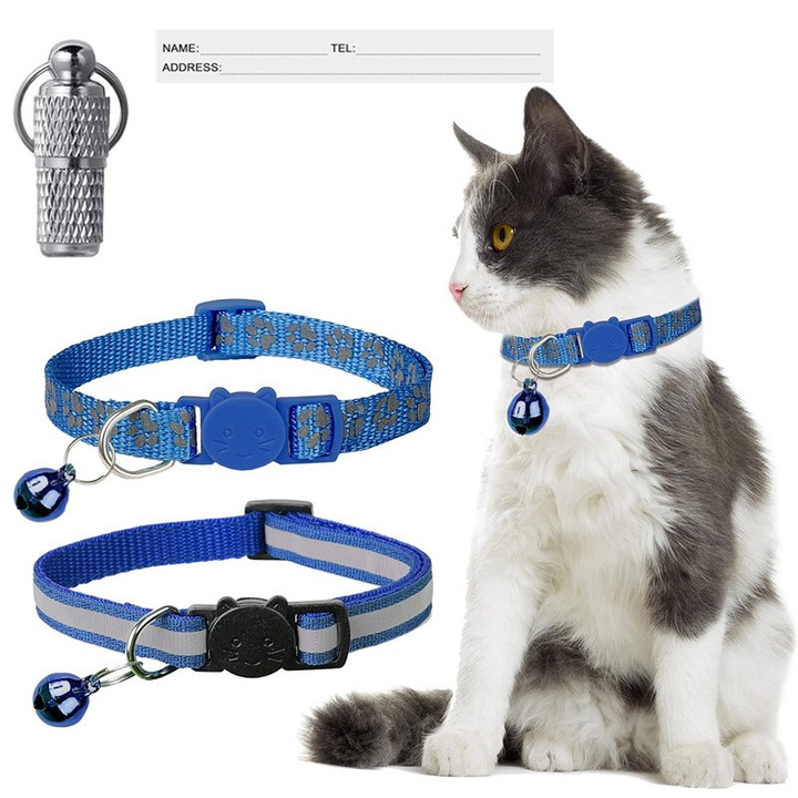 2 db fényvisszaverő macskanyakörv csengővel, állítható, sötétkék, 19x32 cm