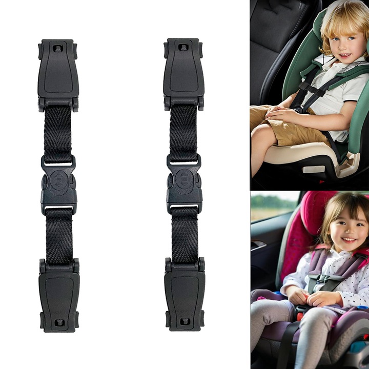 Centura de siguranta copii, Set 2 cleme prindere centura de siguranta pentru copi, SINBINTA, Durabil si confortabil, Usor de instalat si utilizat, Constuctie robusta, Pentru scaun auto, scaune inalte, carucior pentru copii, ABS, 17.5x2.95cm, Negru