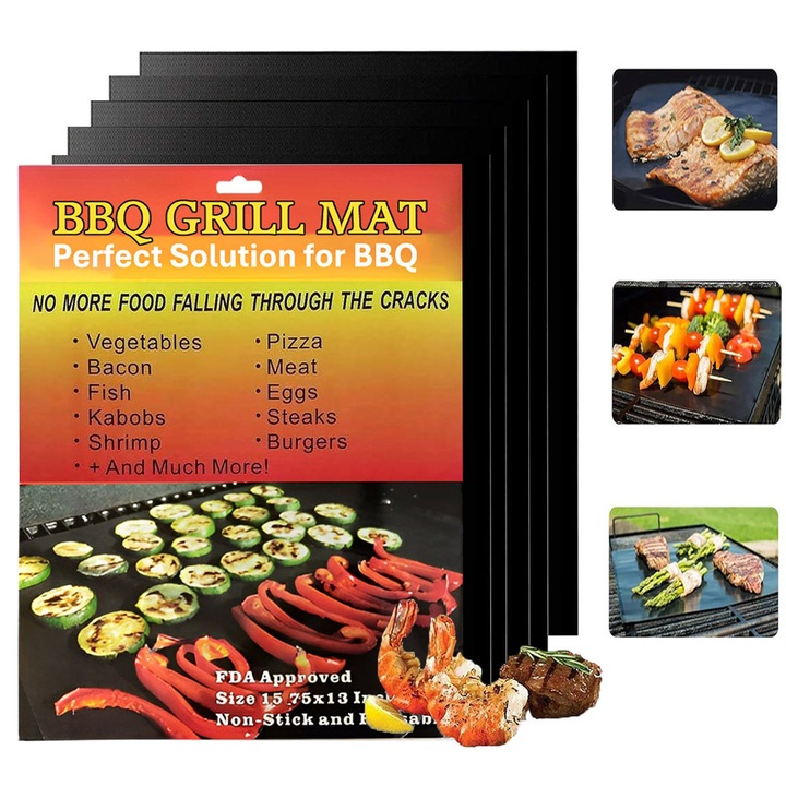 Set 5 buc BBQ Grill Mat, BYONDSELF®, 40x33cm, Negru