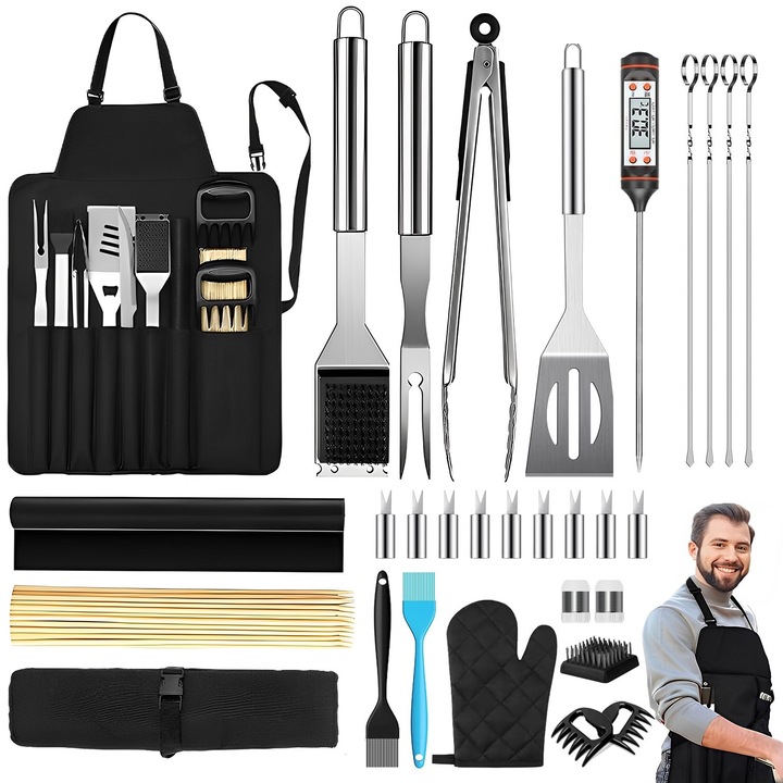 BYONDSELF® 75 részes rozsdamentes acél grill edénykészlet 50db rozsdamentes acél nyársrudakkal, BBQ grillszőnyeggel, szívószállal, sótartóval, nyárssal, fogóval