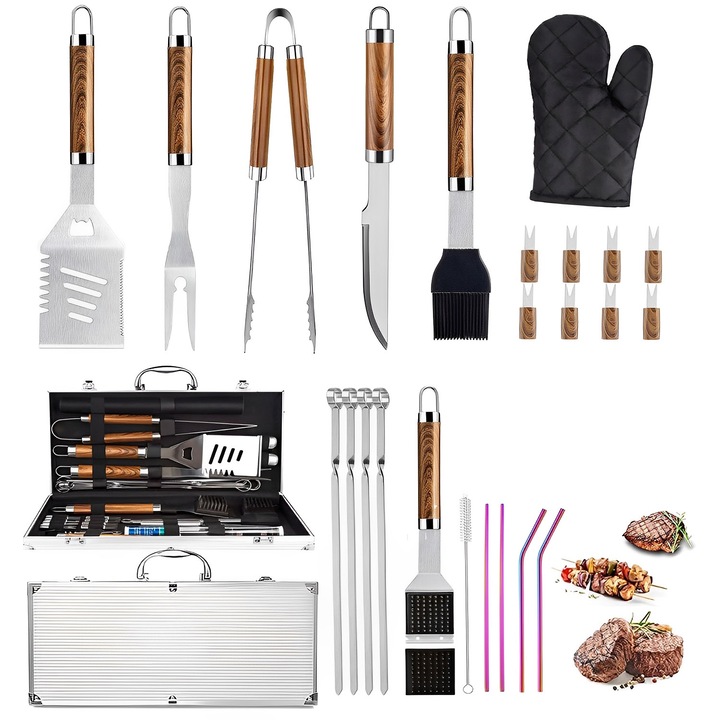 BYONDSELF® Комплект прибори за грил от неръждаема стомана от 26 части с алуминиева кутия за съхранение, неръждаема стомана, включва четки, шишове, щипки
