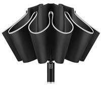 Umbrela de Lux pliabila, Umbrela de calatorie inversata, deschidere si inchidere automata cu banda reflectorizanta, suport intarit cu 10 oase, rezistenta la vant si ploaie, uscare rapida, acoperita cu vinil pentru protectie solara eficienta, 105 cm, Negru