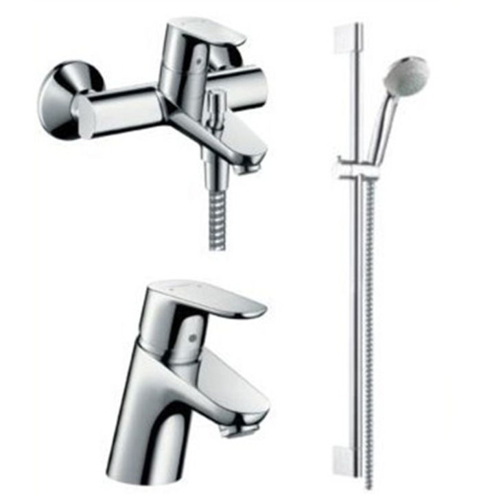 Комплект Hansgrohe Focus 3in1: Смесител за баня + Смесител за умивалник + Душ комплект
