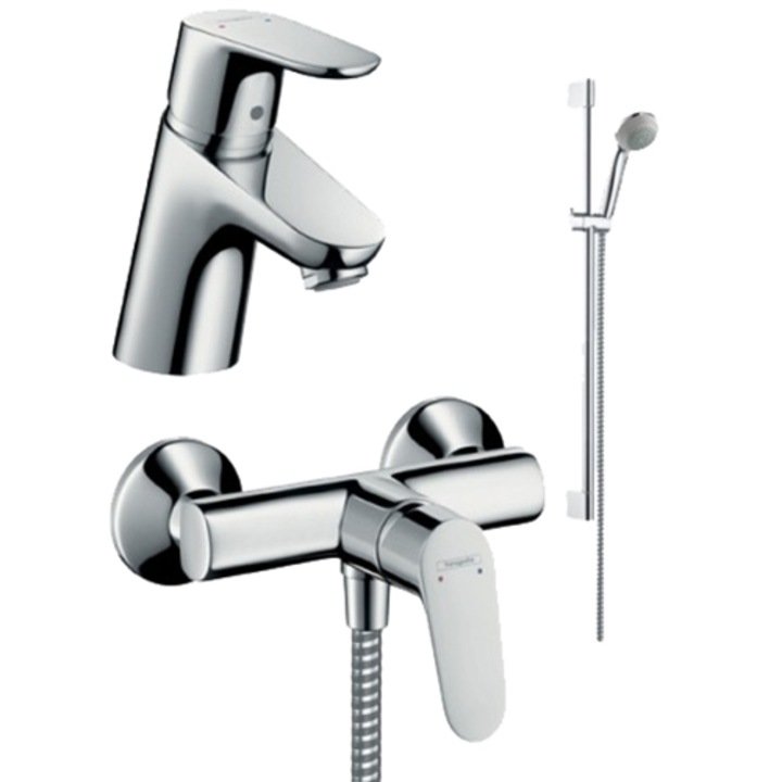 Комплект Hansgrohe Focus 3in1: Смесител за душ + Смесител за умивалник + Душ комплект