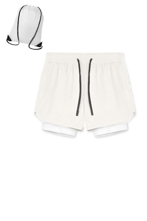 Rövidnadrág két rétegben, rugalmas és légáteresztő, edzőteremhez, fitneszhez vagy sportoláshoz, 3 zsebbel, telefon- és törölközőtartóval, unisex, PriStyle, Fehér | Fekete