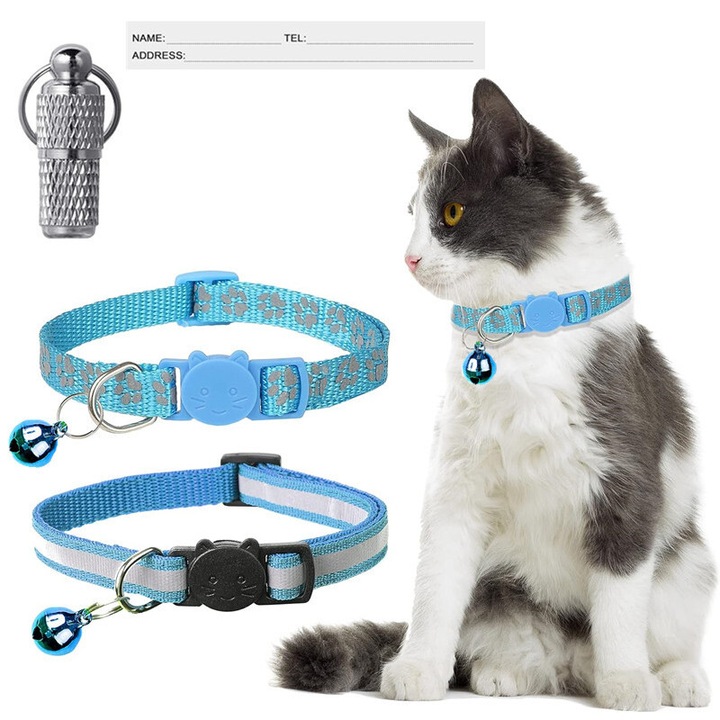 2 db fényvisszaverő macskanyakörv csengővel, állítható, világoskék, 19x32 cm