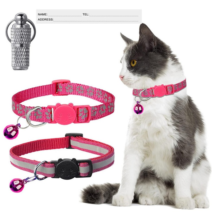 Set 2 Zgarzi Reflectorizante pentru Pisici cu Clopotel, Ajustabile, 19-32cm, Roz
