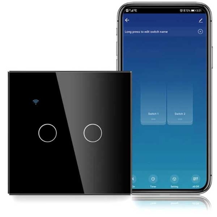 ClassLights Dupla érintésű intelligens kapcsoló, WiFi, Biztonságos üveg, 10A, Hangvezérlés, Smart Life / Tuya, LED, Fekete