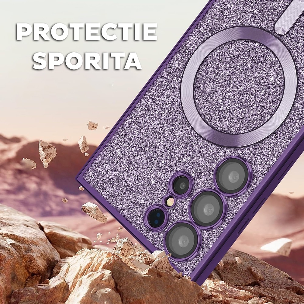 Husa pentru Samsung Galaxy S25 Ultra DaDen®, Luxury Glitter, Antisoc, MagSafe, Protectie camere, Transparenta cu Mov deschis