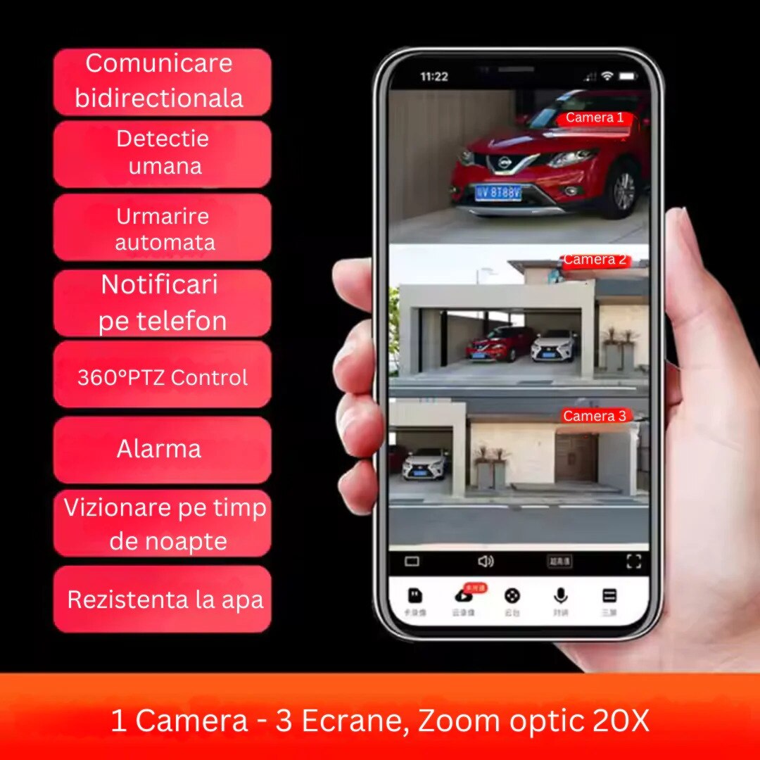 Camera de supraveghere WIFI 10K, 20MP, Zoom 20X, 5 lentile, Control din ...