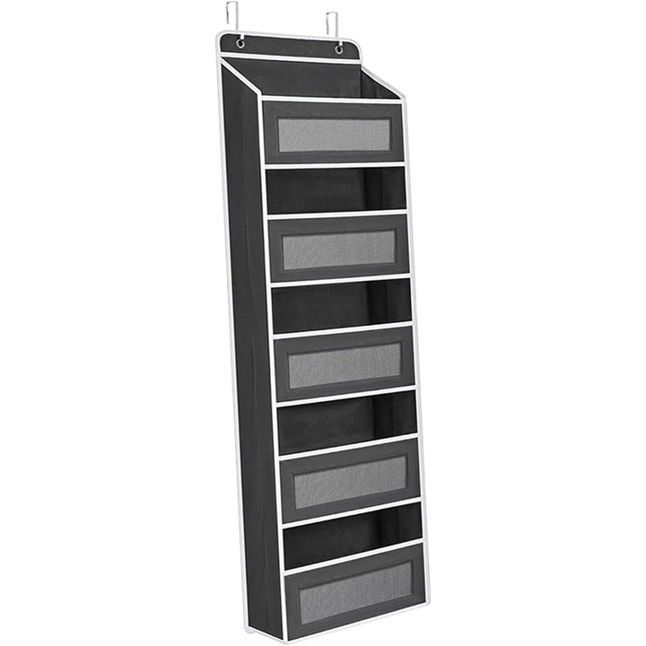 Organizator Suspendat pentru Usi, Leski, din Nailon si Plasa, Baza de Carton Ingrosat, 5 Buzunare Principale + 5 Buzunare Laterale, 146 x 40 x 17 cm, 2 Carlige Incluse, Negru