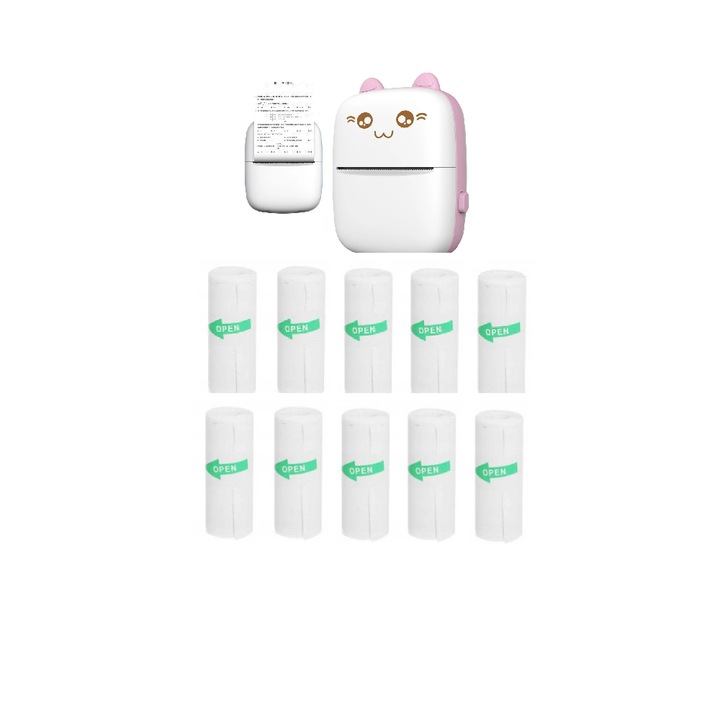 Set Mini imprimanta termica, cu 10 role de hatrtie mini cat HURC9, Bluetooth, 200 dpi, baterie 1000mAh, roz