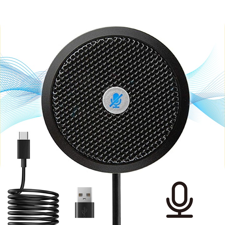 Konferencia mikrofon, Wurdan, Professzionális, Omni-Directional, USB/USB-C, Hordozható, Fém, Tárgyalóteremhez, Online értekezletekhez, Chat, Fekete