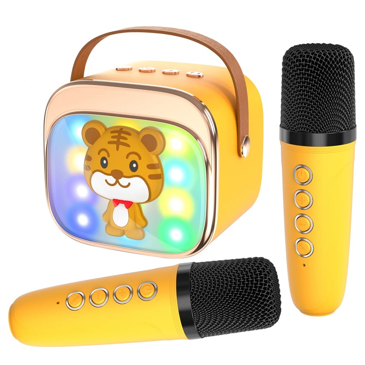 2db karaoke mikrofon készlet gyerekeknek és felnőtteknek hordozható hangszóróval, vezeték nélküli, medve modellel, LED lámpákkal, 4 hangeffektussal, bulikra, MP3 lejátszóval, microSD kártyával, Bluetooth-al, sárga