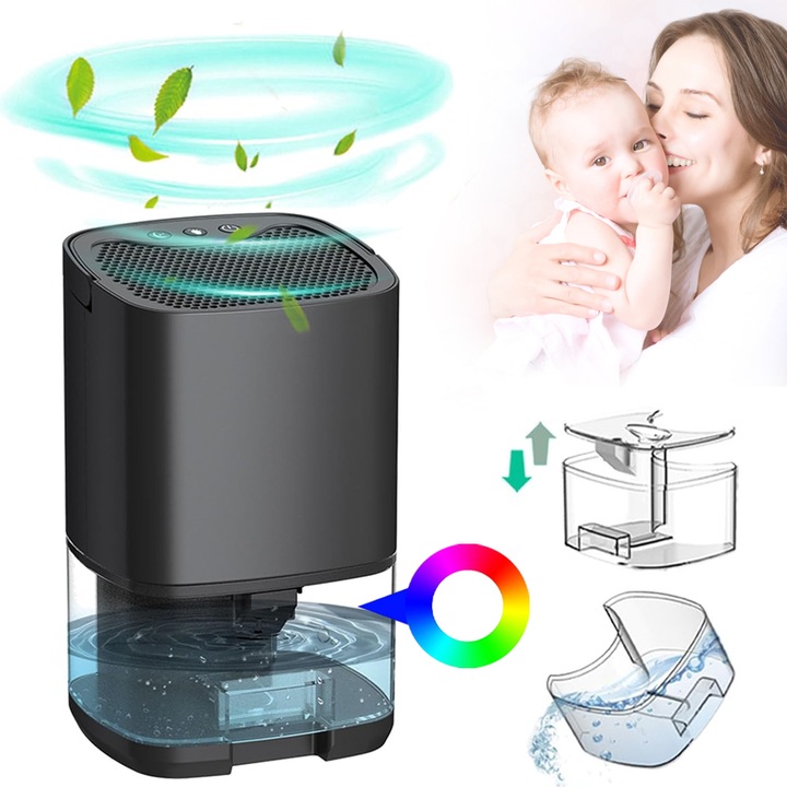 Dezumidificator, capacitate rezervor 500 ml, mod Peltier, detector de nivel al apei, functionare silentioasa, alb si albastru