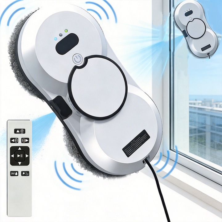 Robot curatare geamuri, Tressino, 80W, 2800Pa, 65db, 500mAh, Rezervor de apa 30 ml, Remote control function, Cap curatare dublu helix, Indepartarea prafului de atomizare, Detectie margini, 29.5×14.5×6.8cm, Alb