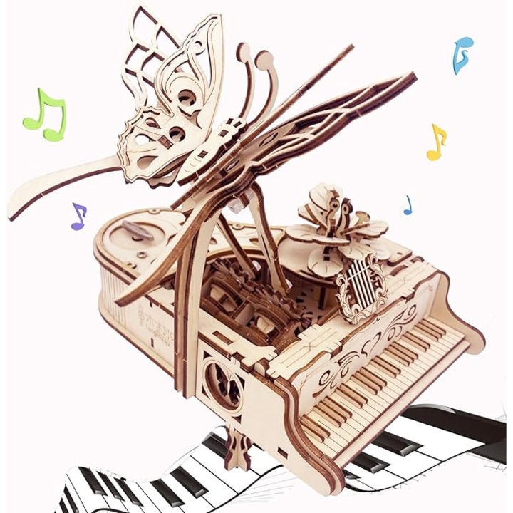 Puzzle 3D mecanic Pian magic, OEMG®, DIY cutiuta muzicala, Lemn, 20 x 17 x 12 cm, 140 piese