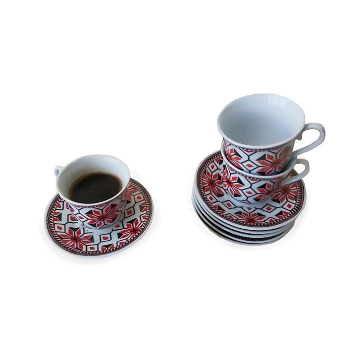 Set cafea traditional – 6 cesti si 6 farfurii din ceramica, pentru cafea sau ceai