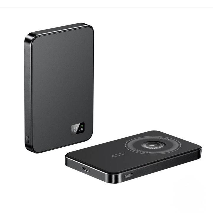Baterie Externa Magsafe 3in1, 10.000 mAh, Incarcare simultana a 2 dispozitive, USB-C, Incarcare Fast Charge 20W, Afisaj Digital, Compatibil cu IPhone 12-16 Pro Max, Android, Apple Watch, Negru Metal