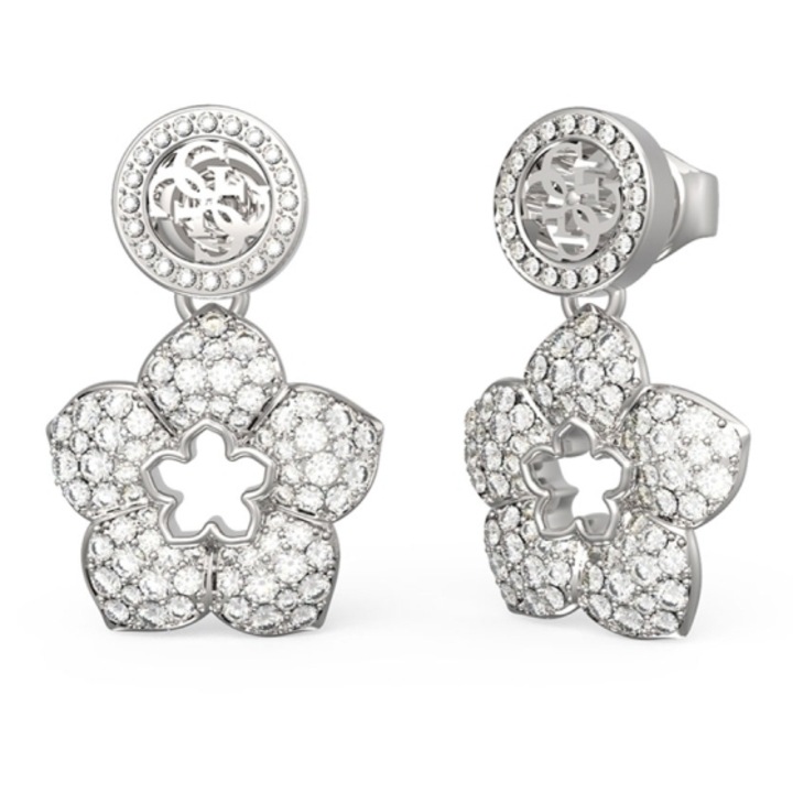 Cercei Guess Shining Winter lungi cu flori si cristale JUBE04471JWRHT-U, Argintiu