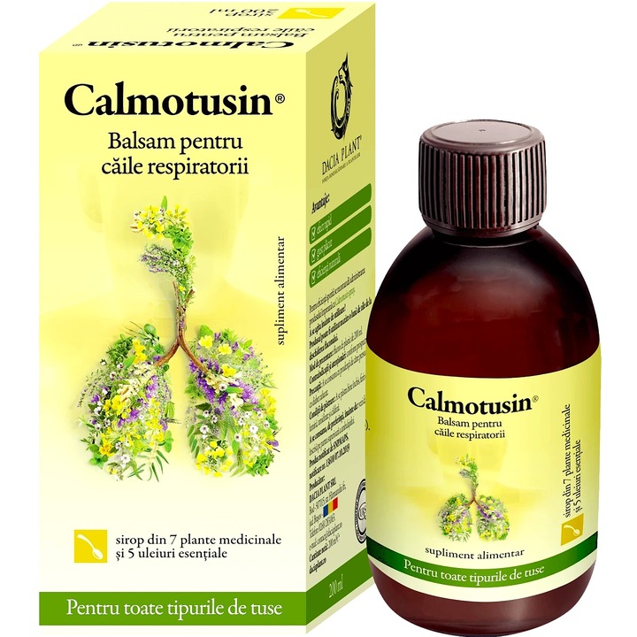 Balsam respirator CalmoTusin din 7 plante medicinale si 5 uleiuri esentiale, pentru tuse uscata sau productiva, 200ml, Laboratoarele Dacia Plant