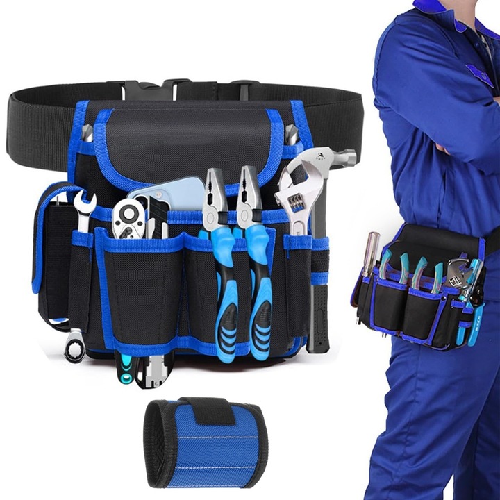 Centura pentru unelte, Bratara magnetica pentru suruburi, 8 buzunare, pentru Electrician, Tamplar, Mecanic, Multifunctionala, impermeabila, 23x13x13cm