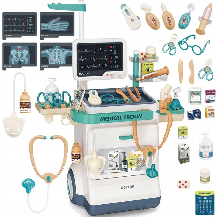 Set de Joaca pentru Copii ISP "Likesmart Medical Trolly", 26 piese Lumini si sunete, stetoscop, termometru, seringa, ciocanel, radiografii, 115cm, Alb