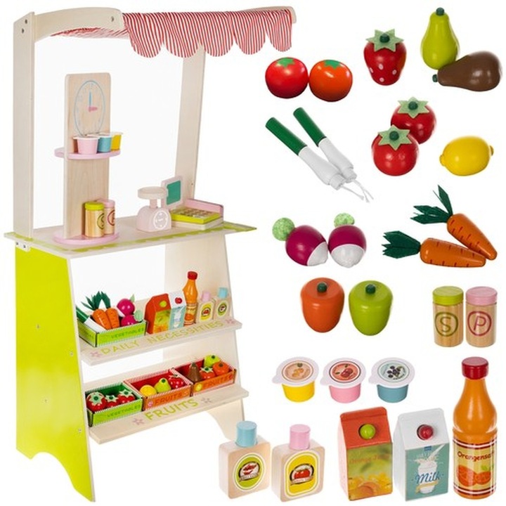 Комплект за игра на супермаркет "LikeSmart Wood Supermarket", Касов апарат, Скенер, 25 аксесоара, 94 см височина, Лайм жълто