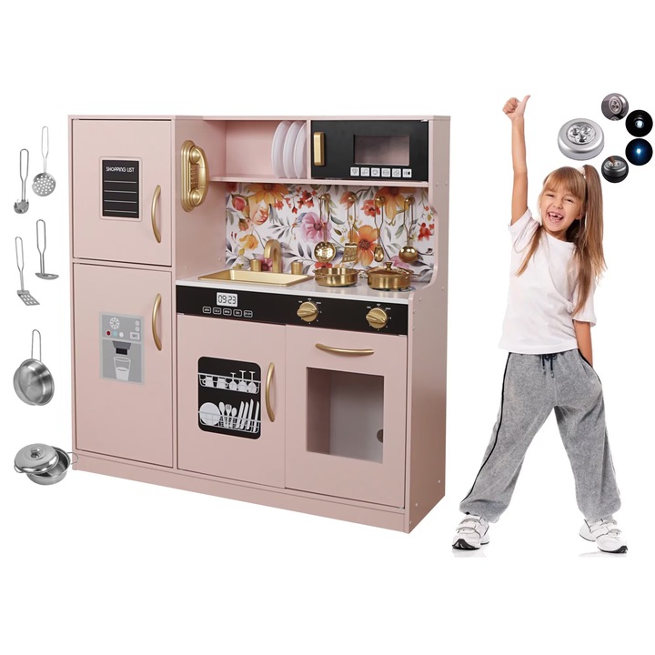 Bucatarie din lemn ecologic, margini ascutite "LikeSmart Triple Kitchen ", 81 cm inaltime, Lampa LED, frigider cu tabla de scris, accesorii incluse, Pink