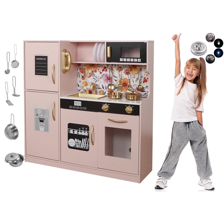 Кухня, Екологична, Дървена, Остри ръбове, "LikeSmart Triple Kitchen", 81 см височина, LED лампа, Хладилник с дъска за писане, Включени аксесоари, Розово
