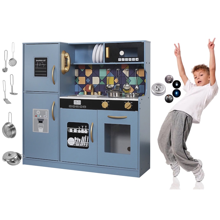 Екологична дървена кухня, остри ръбове "LikeSmart Triple Kitchen", 81 см височина, LED лампа, хладилник с дъска за писане, включени аксесоари, син