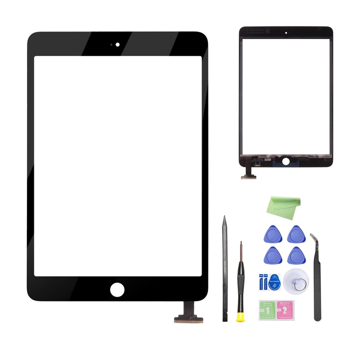 Ecran de inlocuire pentru iPad Mini 1/2, set complet cu unelte, protectie din sticla, negru