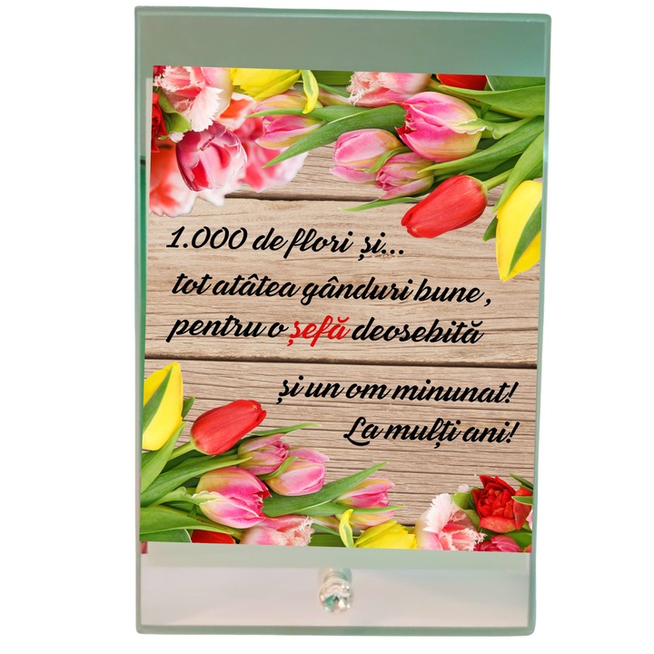 Placheta pentru sefa, din sticla, cu suport de birou, 23x15 cm