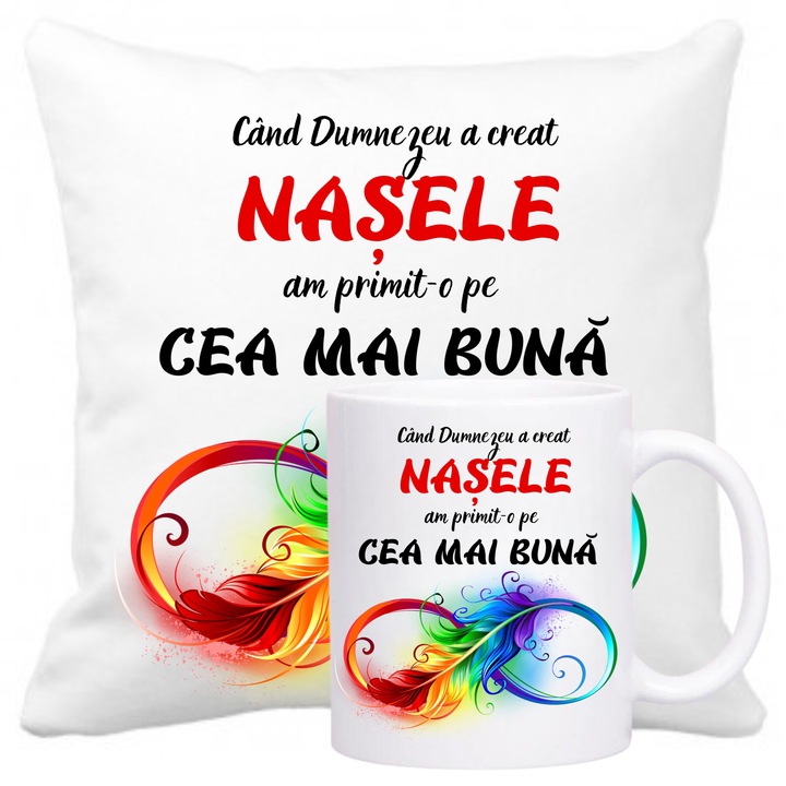 Set cadou pentru nasa, compus din perna personalizata, cu husa detasabila, cu fermoar, 40x40 cm si cana personalizata, alba cu mesaj si simbol infinit, 330 ml