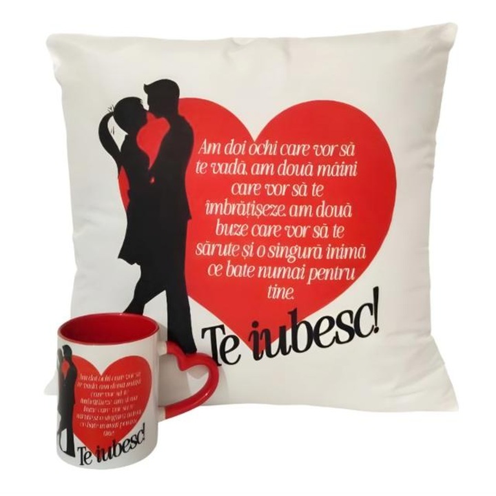 Set perna si cana personalizate, model '' Te iubesc,, perna 40x40 cm, cana 330 ml