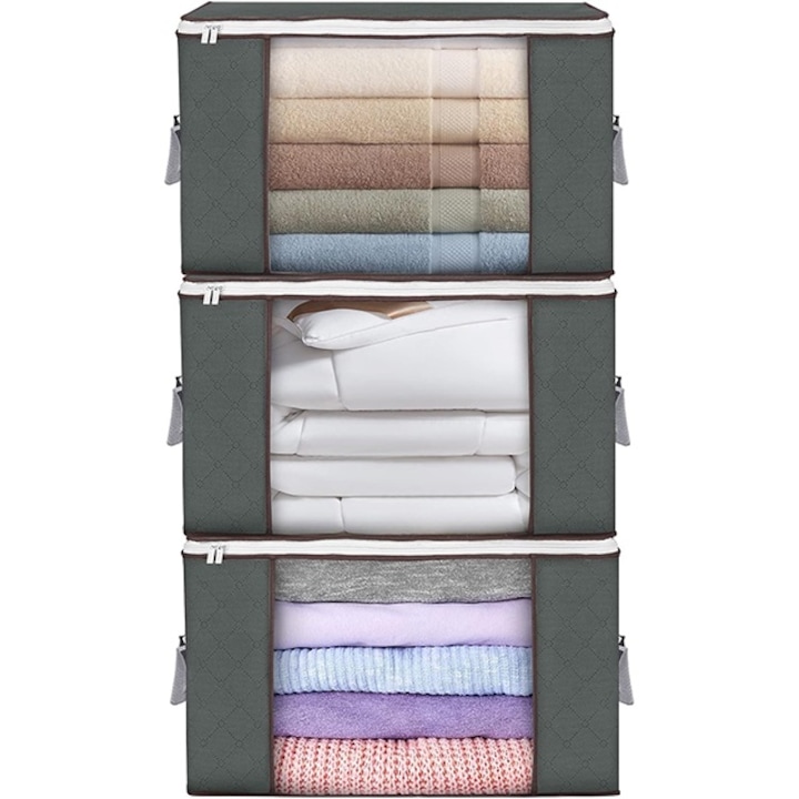 Set 3 Cutii Depozitare cu Fermoar, 90 L, 60x42x36 cm, Gri