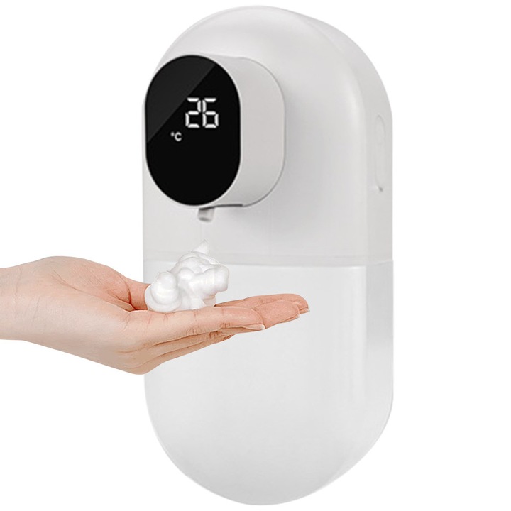 Dispenser automat de sapun, senzor infrarosu, capacitate 400ml, afisaj temperatura, 3 niveluri, IPX4, montaj fara gaurire, autonomie 3 luni, 1400mAh, incarcare Type-C
