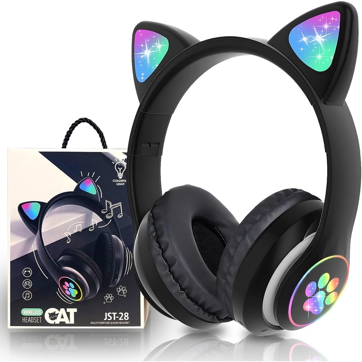 Casti Wireless cu Urechi de pisica, Bluetooth, Luminite RGB, Anulare Zgomot, Microfon, Bass, VALA® STN-28, Negru